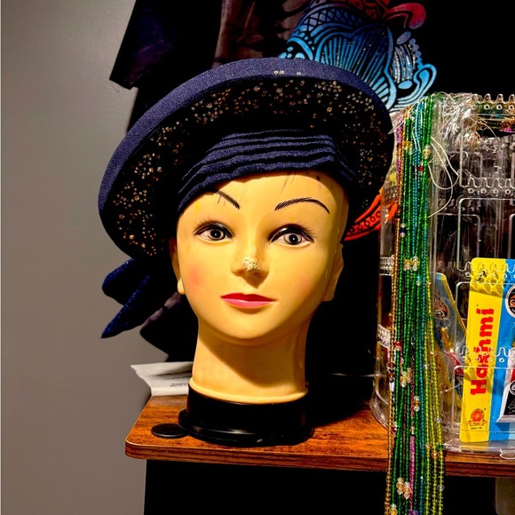 Aso-Oke African Headtie Auto Gele, Navy Blue Stoned Ready Made Gele Fabric Women - Picture 7 of 7